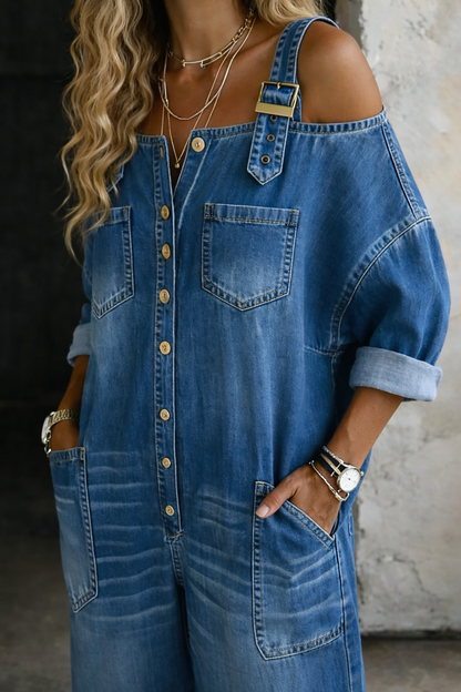 Sophya™ | Combinaison Denim Épaules Dénudées