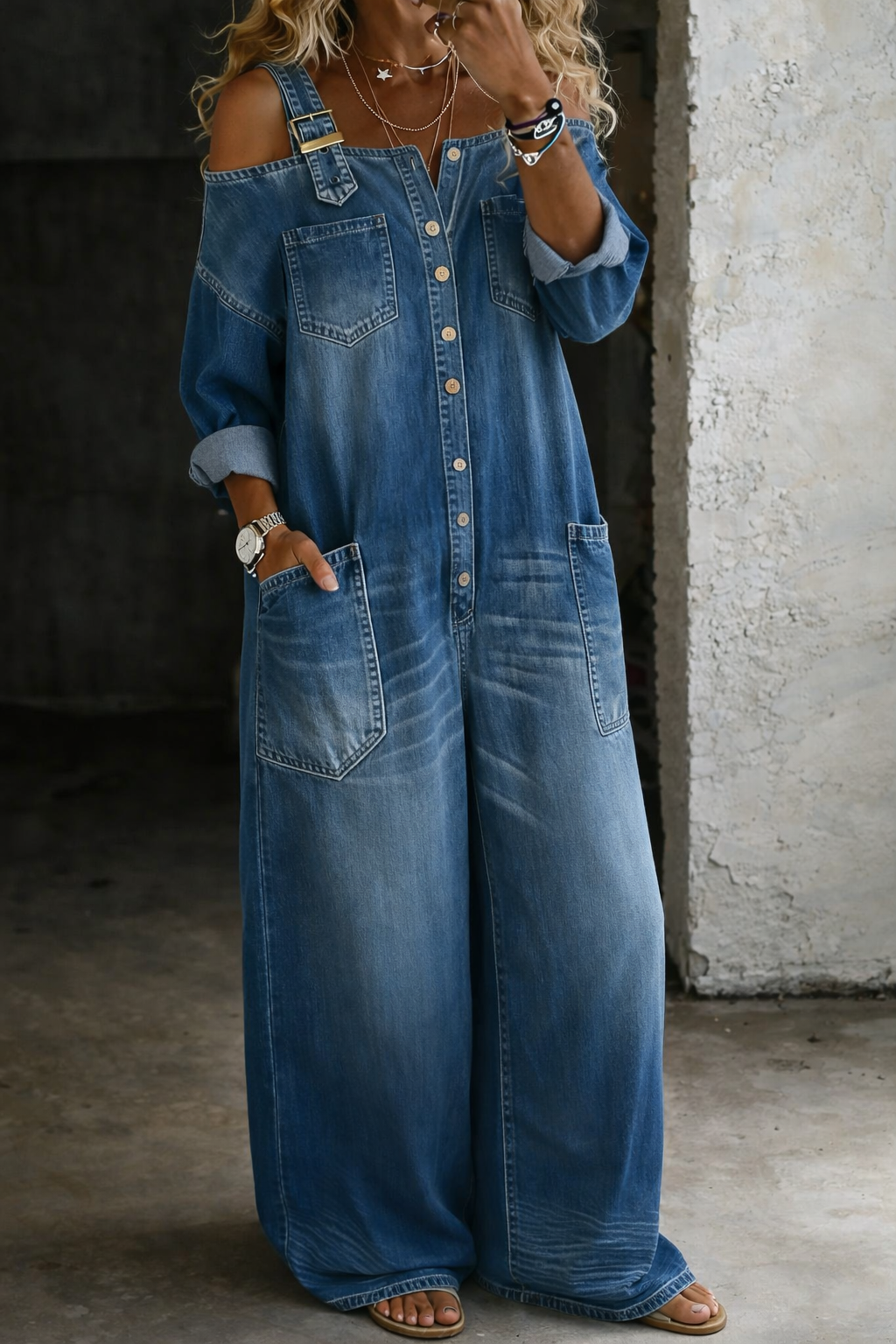 Sophya™ | Combinaison Denim Épaules Dénudées